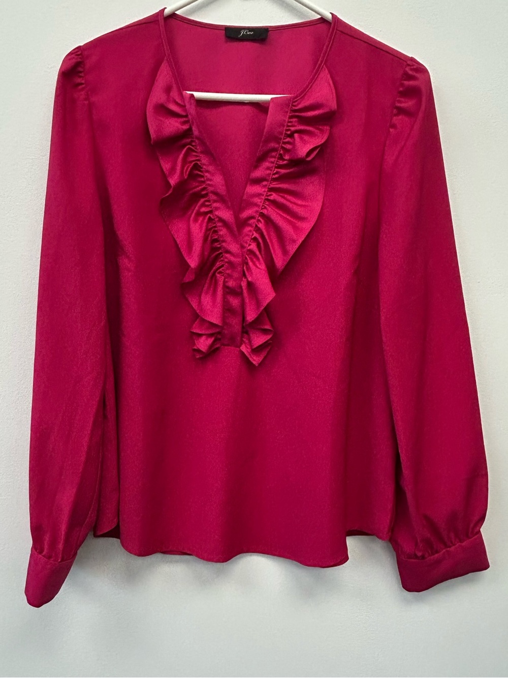 J Crew Ruffle V-Neck Blouse Long Sleeves - Bright Pink